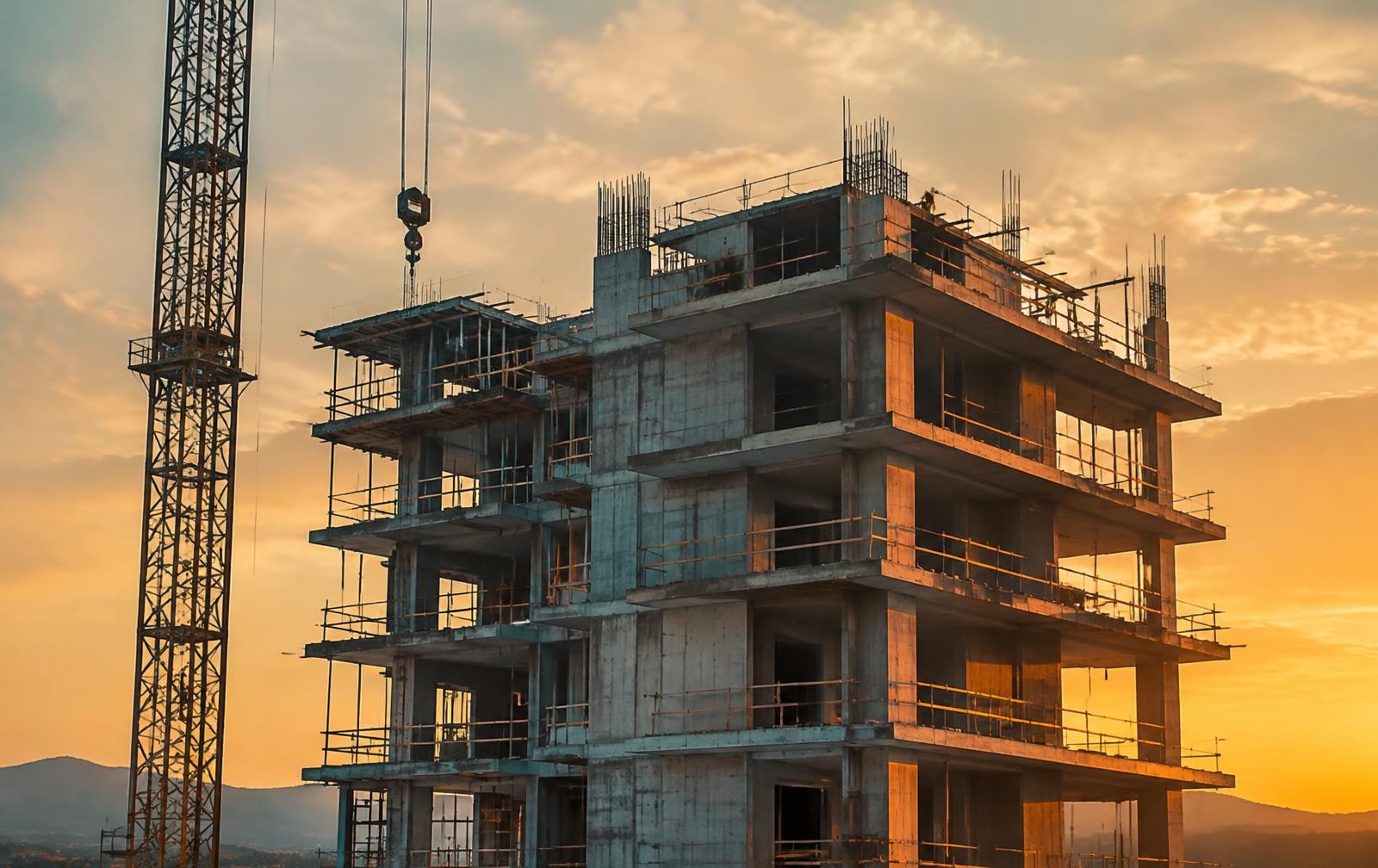 Edifício em construção ao pôr do sol